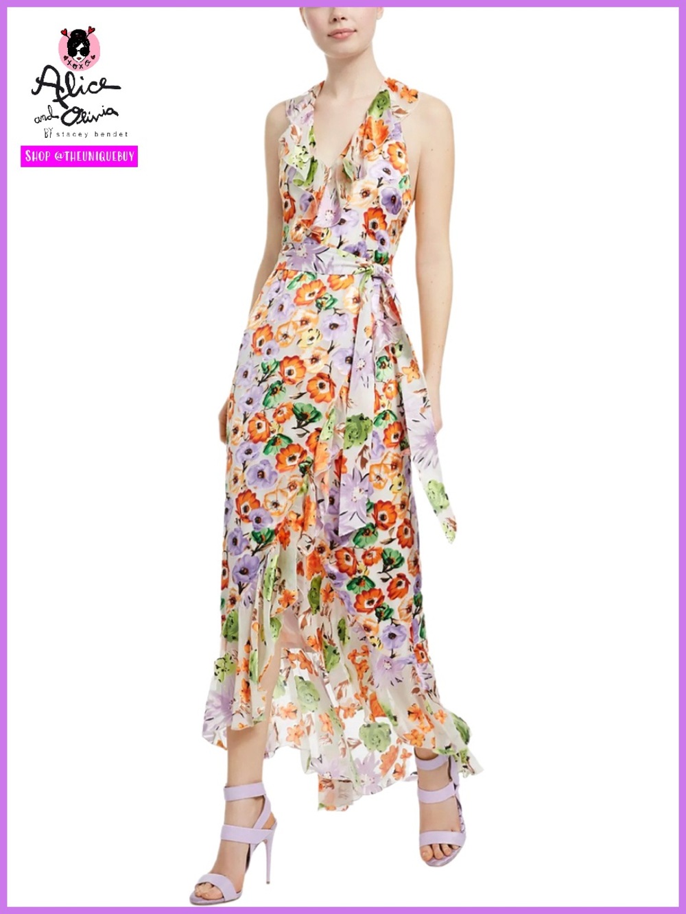 Alice + Olivia Evelia Floral Tie Waist Silk Blend Maxi Dress